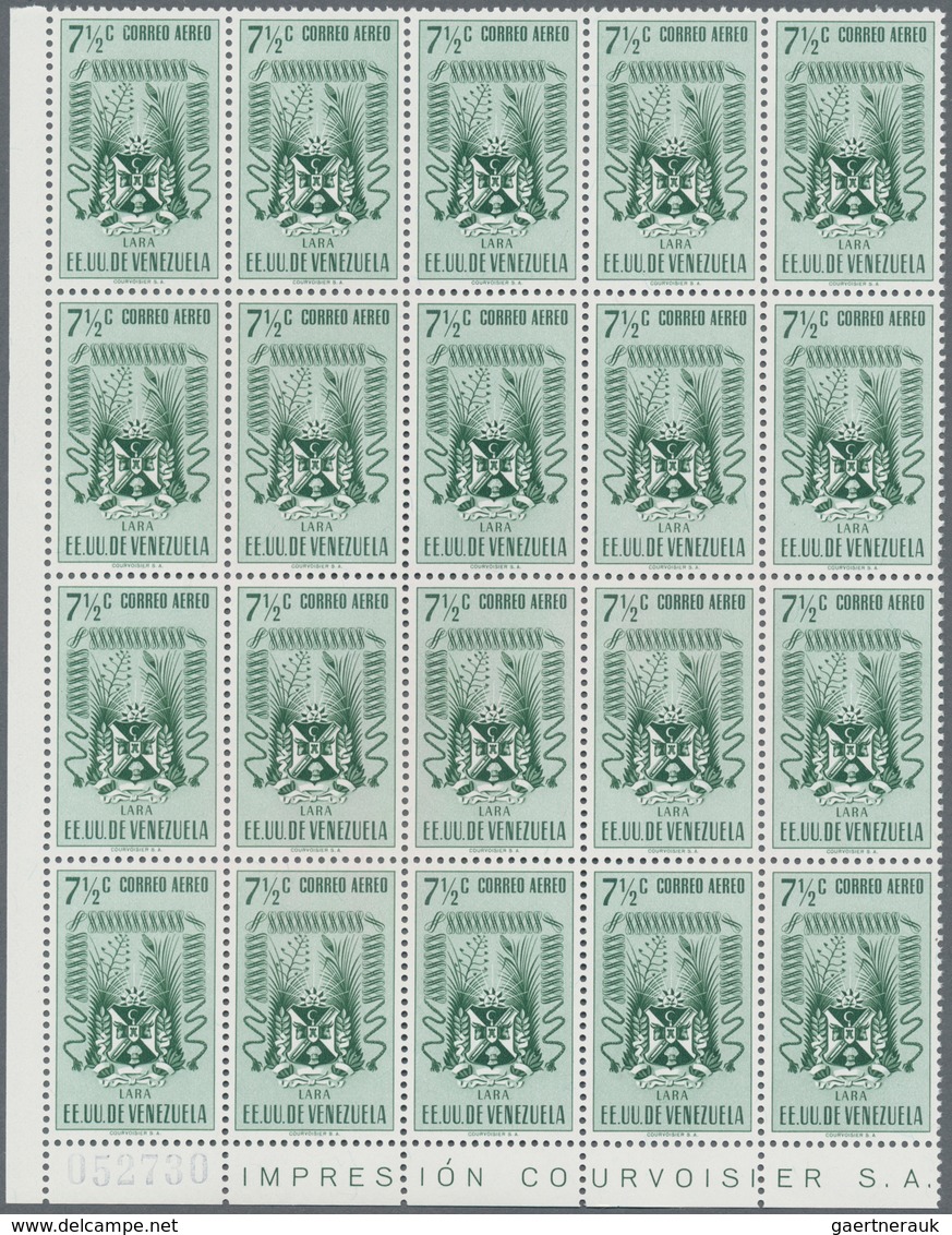 Venezuela: 1952, Coat of Arms 'LARA‘ airmail stamps complete set of nine in blocks of 20 from lower