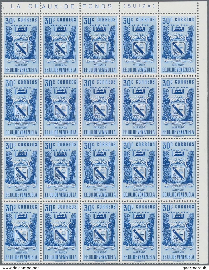 Venezuela: 1952, Coat Of Arms 'MIRANDA‘ Normal Stamps Complete Set Of Seven In Blocks Of 20 From Upp - Venezuela