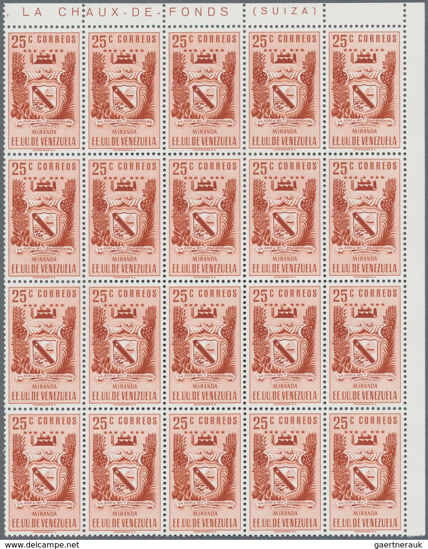 Venezuela: 1952, Coat Of Arms 'MIRANDA‘ Normal Stamps Complete Set Of Seven In Blocks Of 20 From Upp - Venezuela