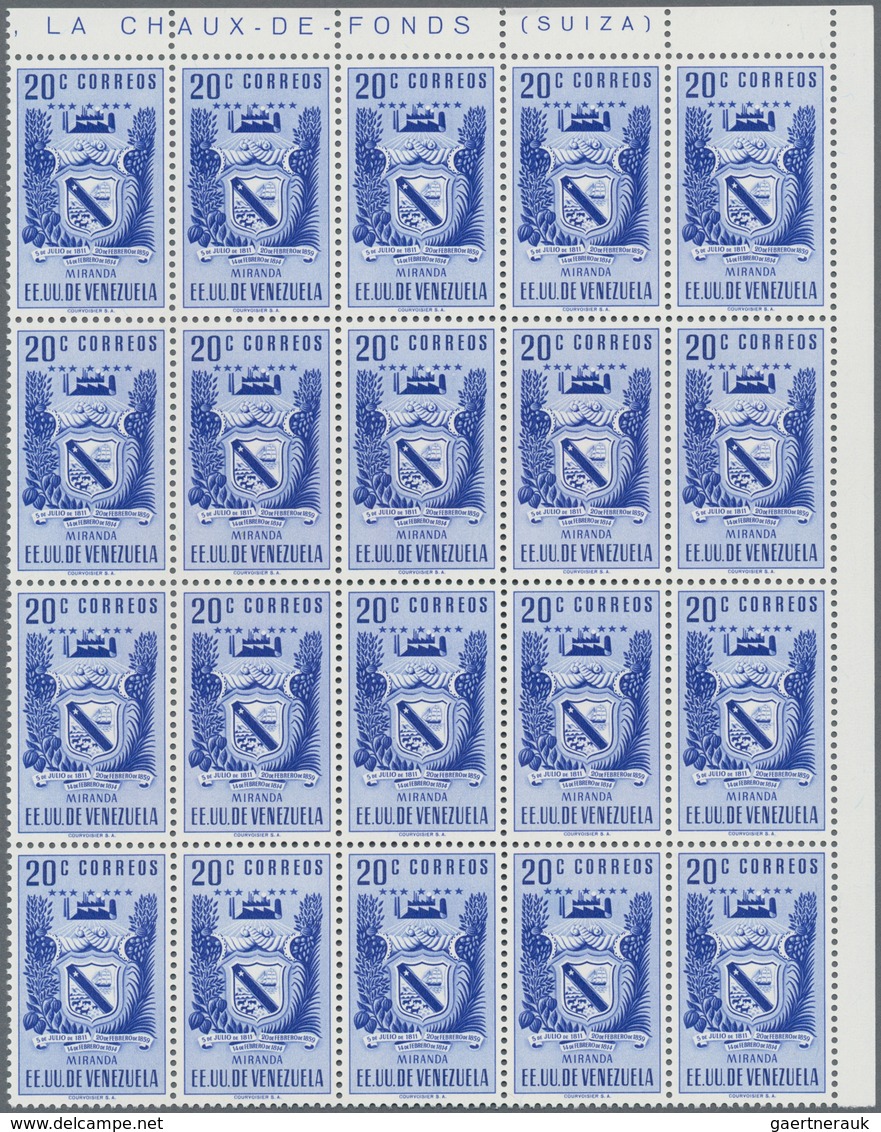 Venezuela: 1952, Coat Of Arms 'MIRANDA‘ Normal Stamps Complete Set Of Seven In Blocks Of 20 From Upp - Venezuela