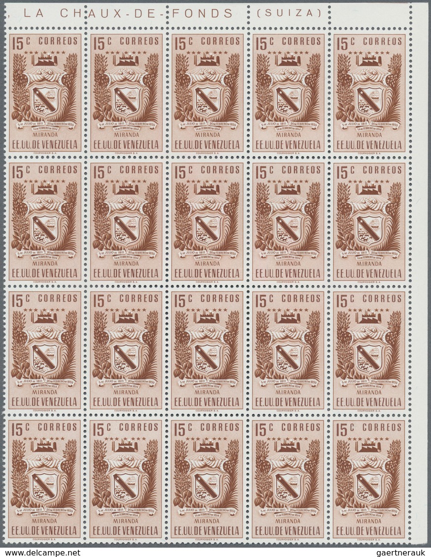 Venezuela: 1952, Coat Of Arms 'MIRANDA‘ Normal Stamps Complete Set Of Seven In Blocks Of 20 From Upp - Venezuela