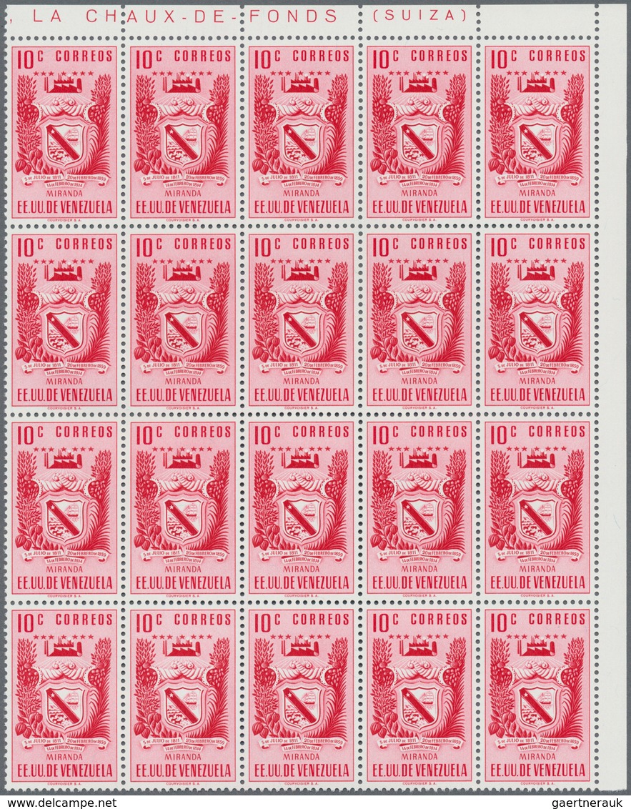 Venezuela: 1952, Coat of Arms 'MIRANDA‘ normal stamps complete set of seven in blocks of 20 from upp