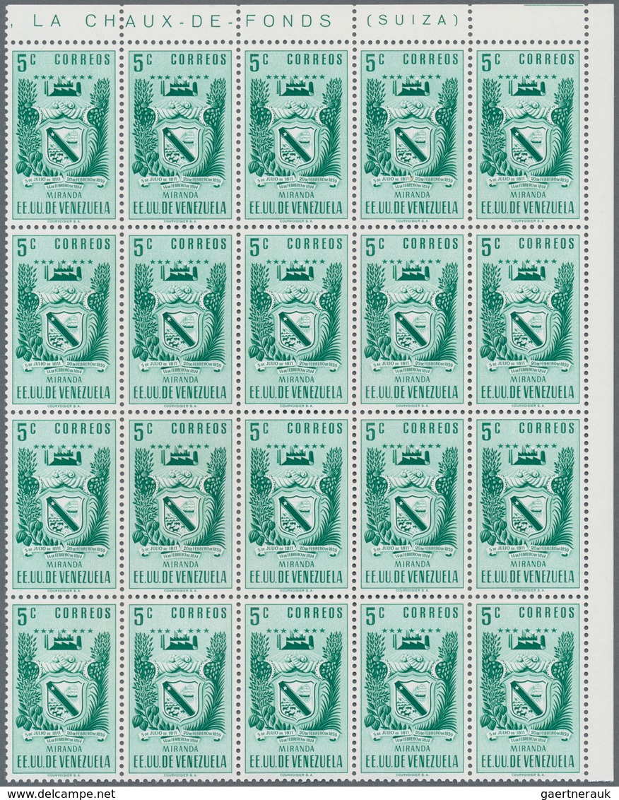 Venezuela: 1952, Coat of Arms 'MIRANDA‘ normal stamps complete set of seven in blocks of 20 from upp