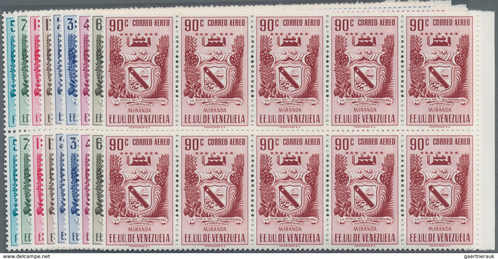 Venezuela: 1952, Coat Of Arms 'MIRANDA‘ Airmail Stamps Complete Set Of Nine In Blocks Of Ten From Ri - Venezuela