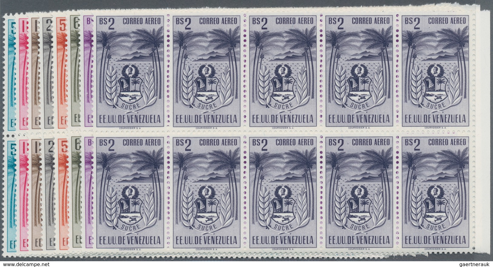 Venezuela: 1952, Coat Of Arms 'SUCRE‘ Airmail Stamps Complete Set Of Nine In Blocks Of Ten From Righ - Venezuela