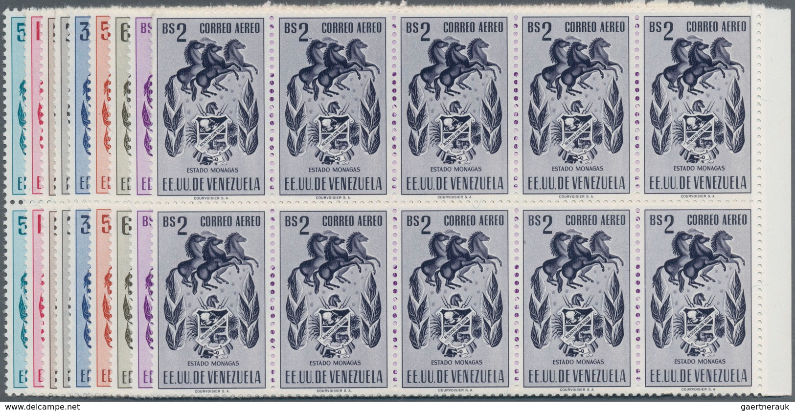 Venezuela: 1953, Coat Of Arms 'MONAGAS‘ Airmail Stamps Complete Set Of Nine In Blocks Of Ten From Ri - Venezuela