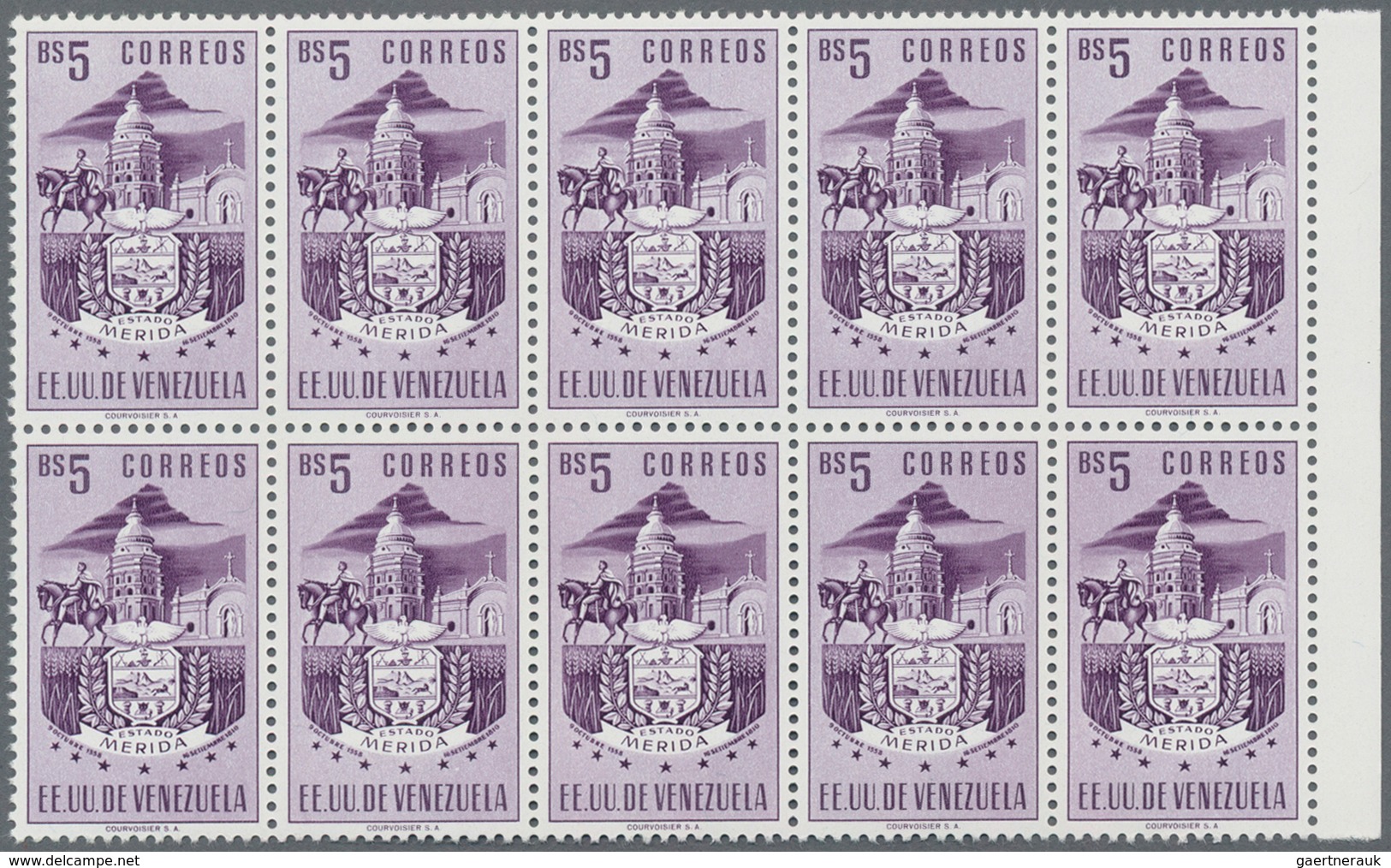 Venezuela: 1953, Coat Of Arms 'MERIDA‘ Normal Stamps Complete Set Of Seven In Blocks Of Ten From Lef - Venezuela