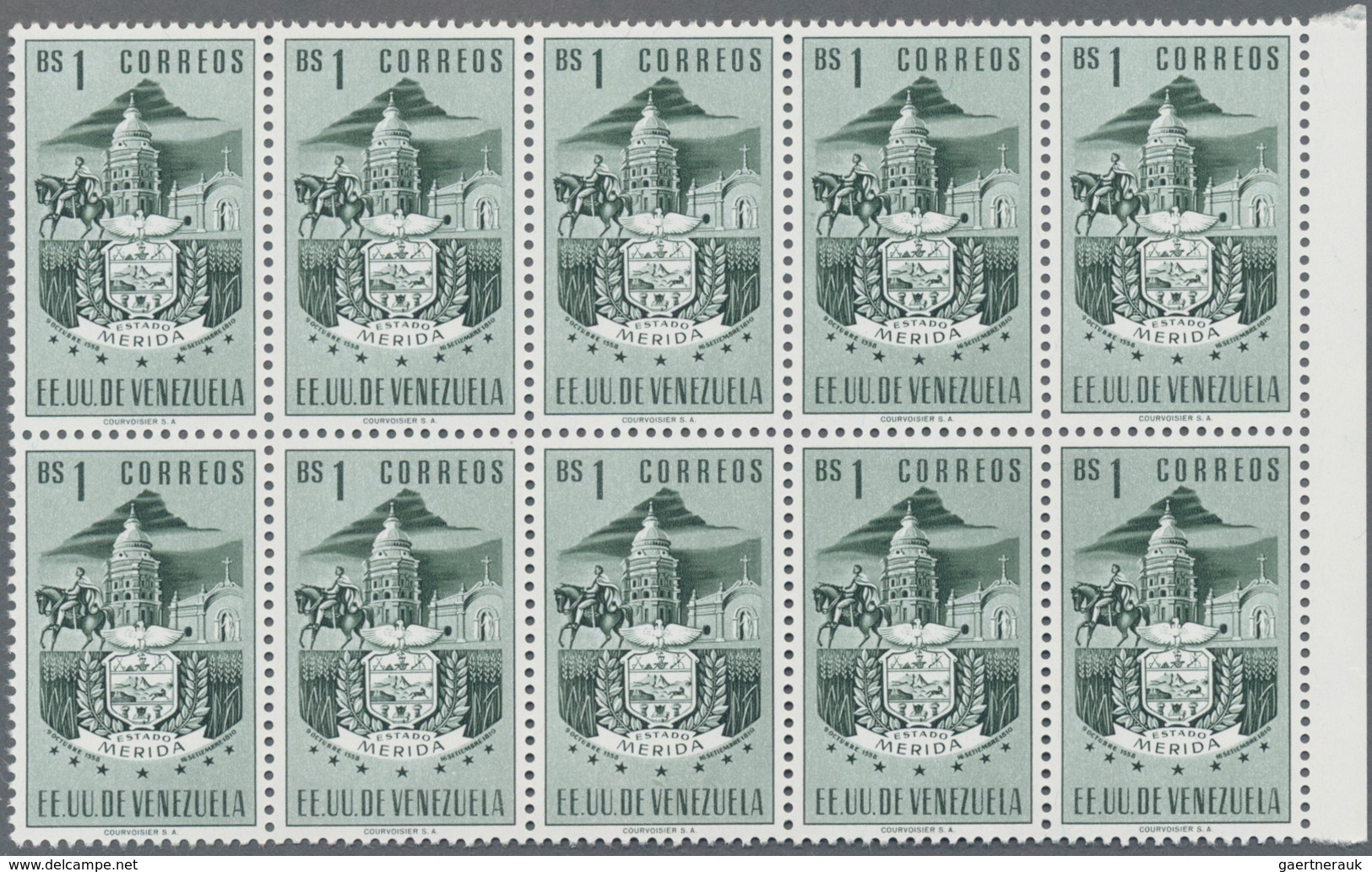 Venezuela: 1953, Coat Of Arms 'MERIDA‘ Normal Stamps Complete Set Of Seven In Blocks Of Ten From Lef - Venezuela