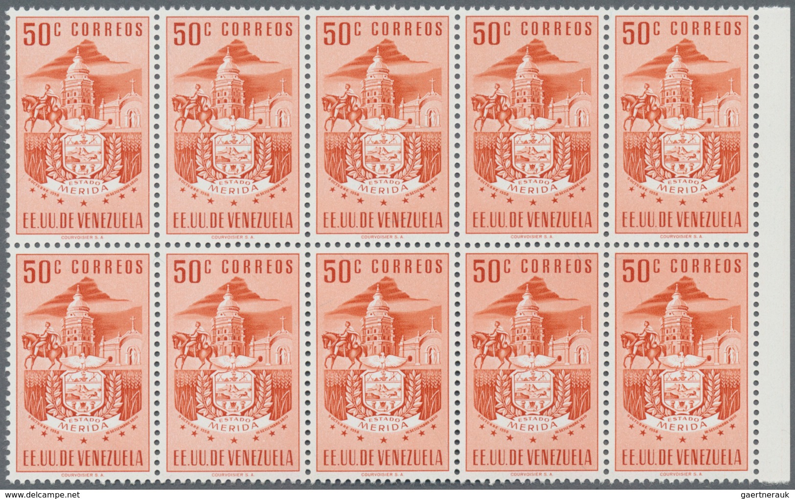 Venezuela: 1953, Coat Of Arms 'MERIDA‘ Normal Stamps Complete Set Of Seven In Blocks Of Ten From Lef - Venezuela