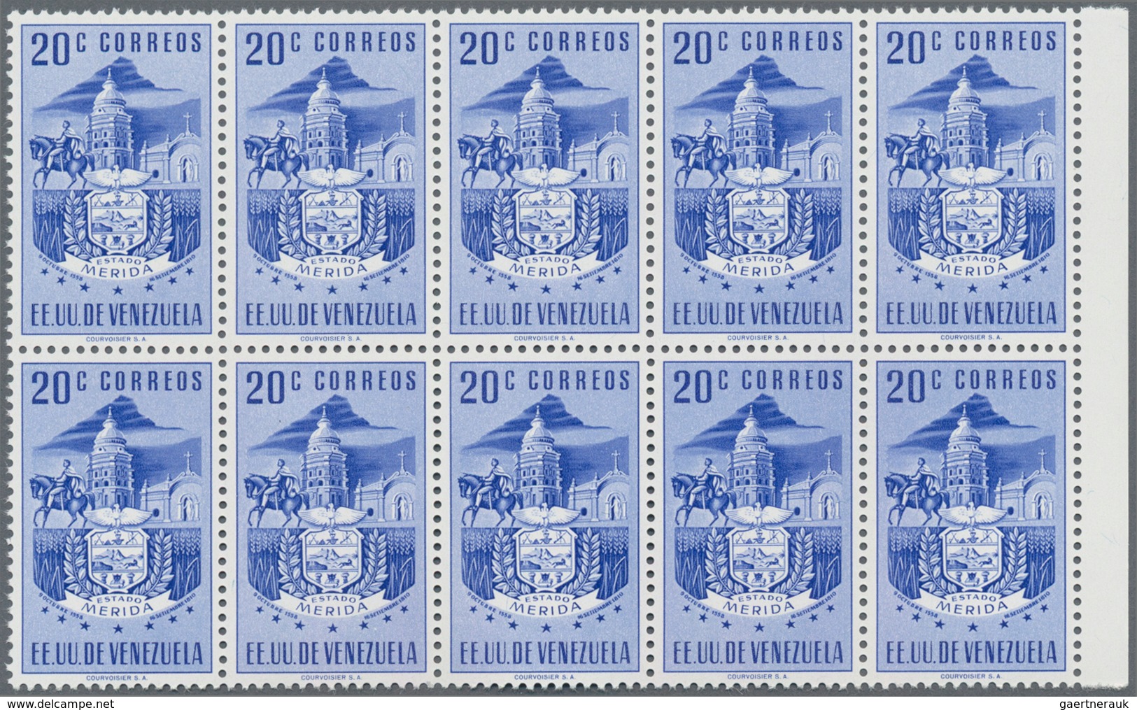 Venezuela: 1953, Coat Of Arms 'MERIDA‘ Normal Stamps Complete Set Of Seven In Blocks Of Ten From Lef - Venezuela