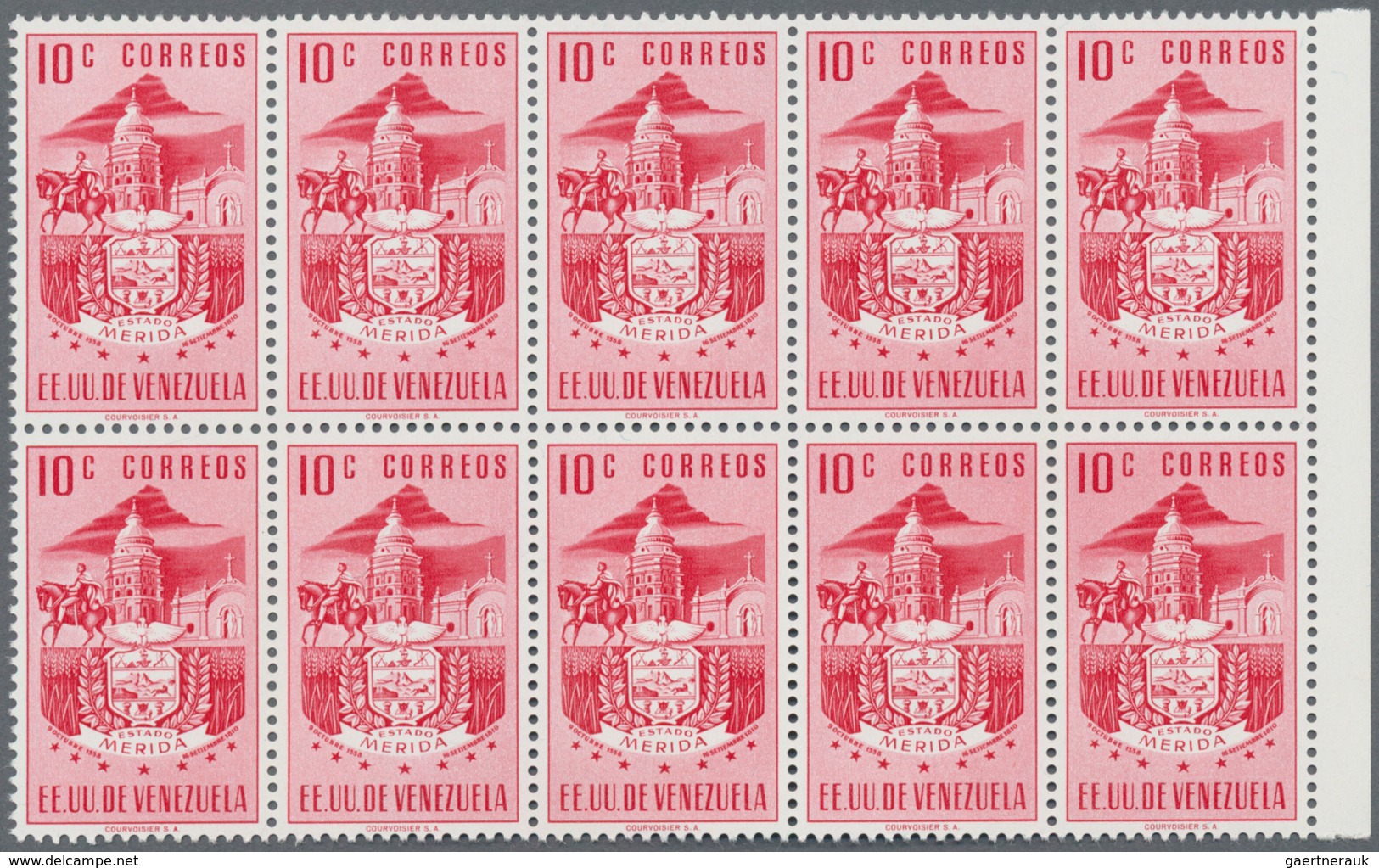 Venezuela: 1953, Coat of Arms 'MERIDA‘ normal stamps complete set of seven in blocks of ten from lef