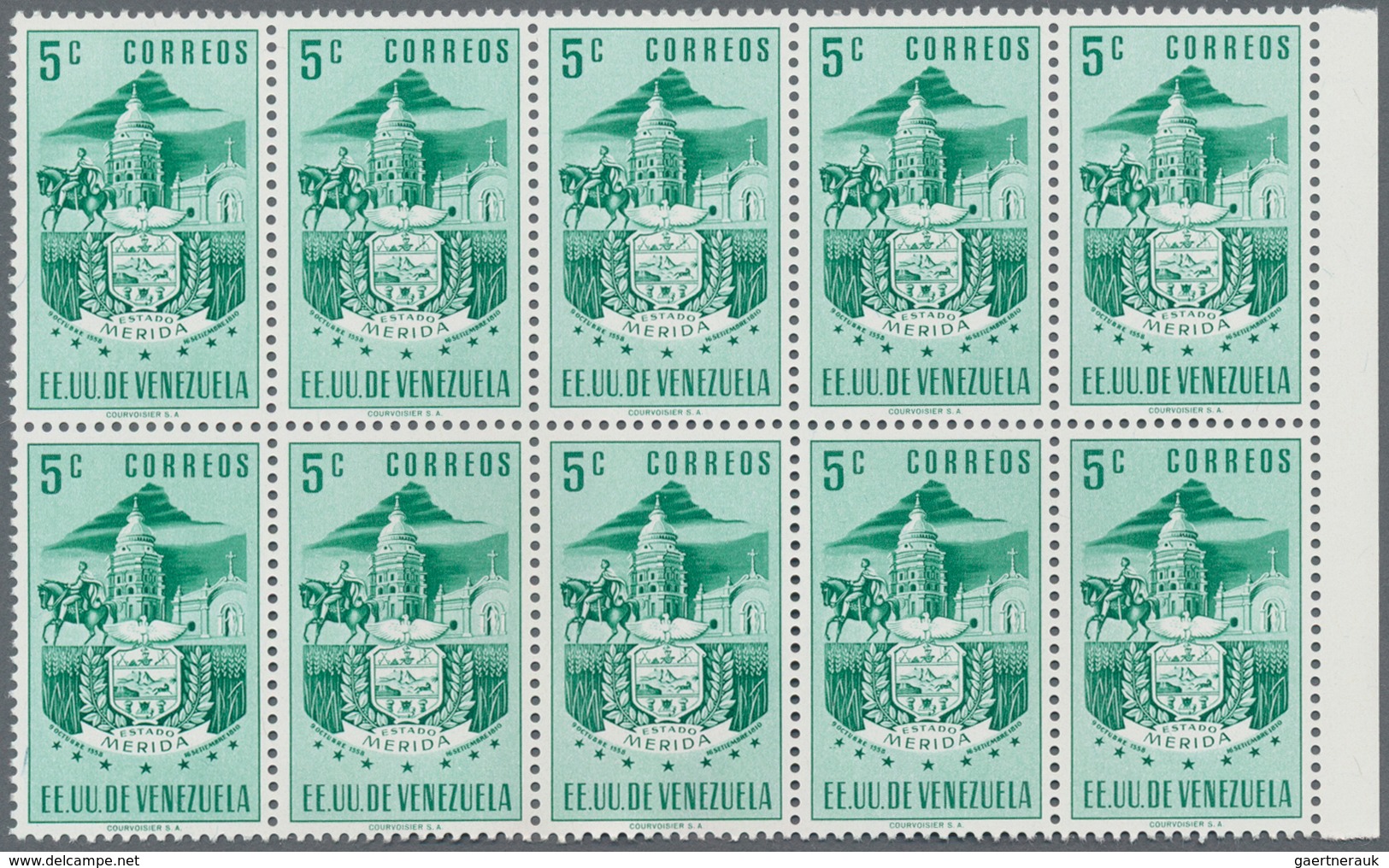 Venezuela: 1953, Coat of Arms 'MERIDA‘ normal stamps complete set of seven in blocks of ten from lef