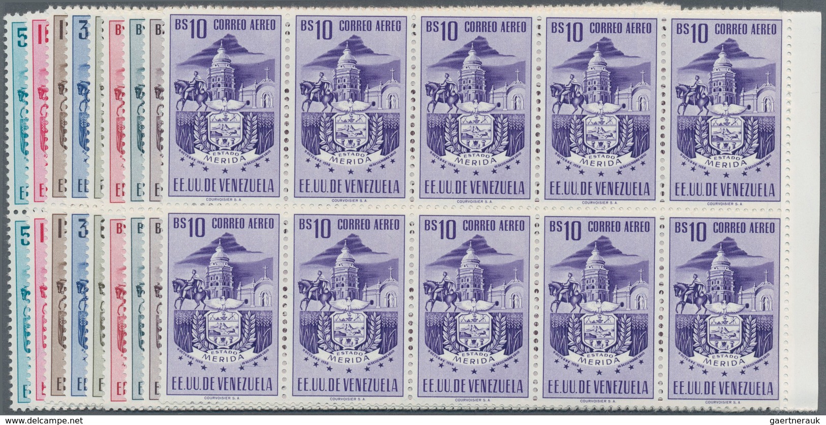 Venezuela: 1953, Coat Of Arms 'MERIDA‘ Airmail Stamps Complete Set Of Nine In Blocks Of Ten From Rig - Venezuela