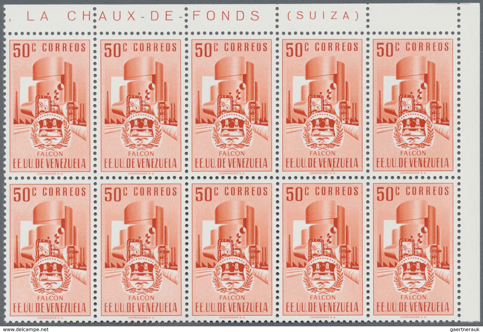 Venezuela: 1953, Coat Of Arms 'FALCON‘ Normal Stamps Complete Set Of Seven In Blocks Of Ten From Rig - Venezuela