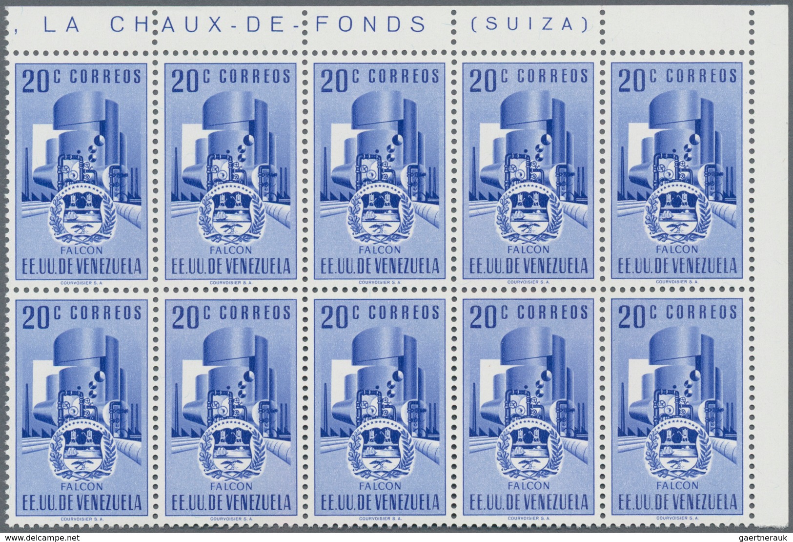 Venezuela: 1953, Coat Of Arms 'FALCON‘ Normal Stamps Complete Set Of Seven In Blocks Of Ten From Rig - Venezuela