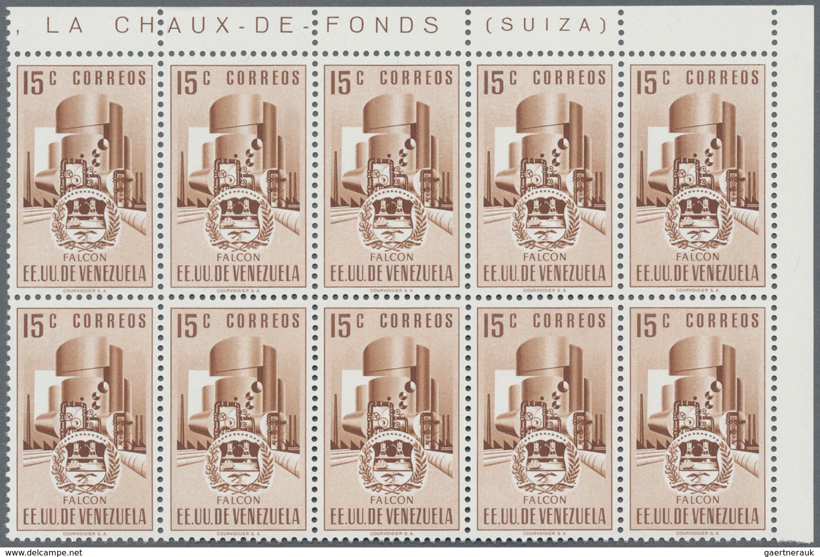 Venezuela: 1953, Coat Of Arms 'FALCON‘ Normal Stamps Complete Set Of Seven In Blocks Of Ten From Rig - Venezuela