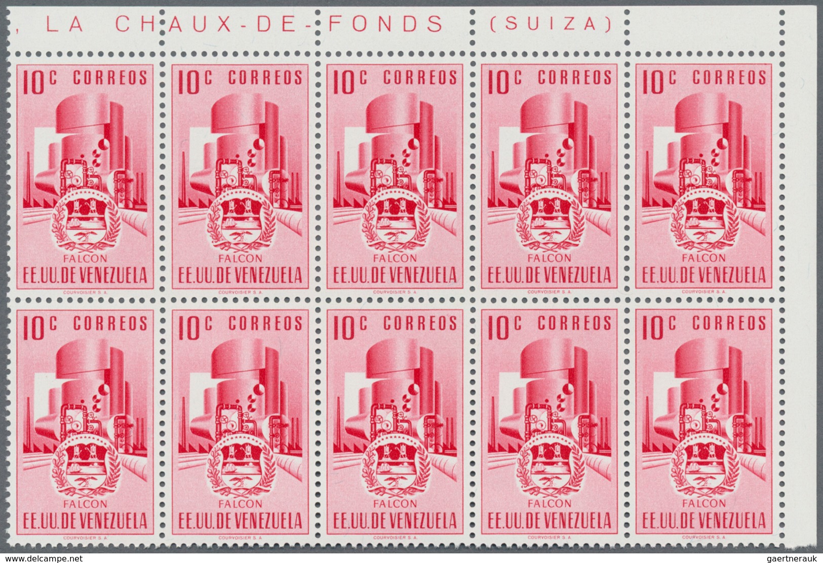 Venezuela: 1953, Coat of Arms 'FALCON‘ normal stamps complete set of seven in blocks of ten from rig