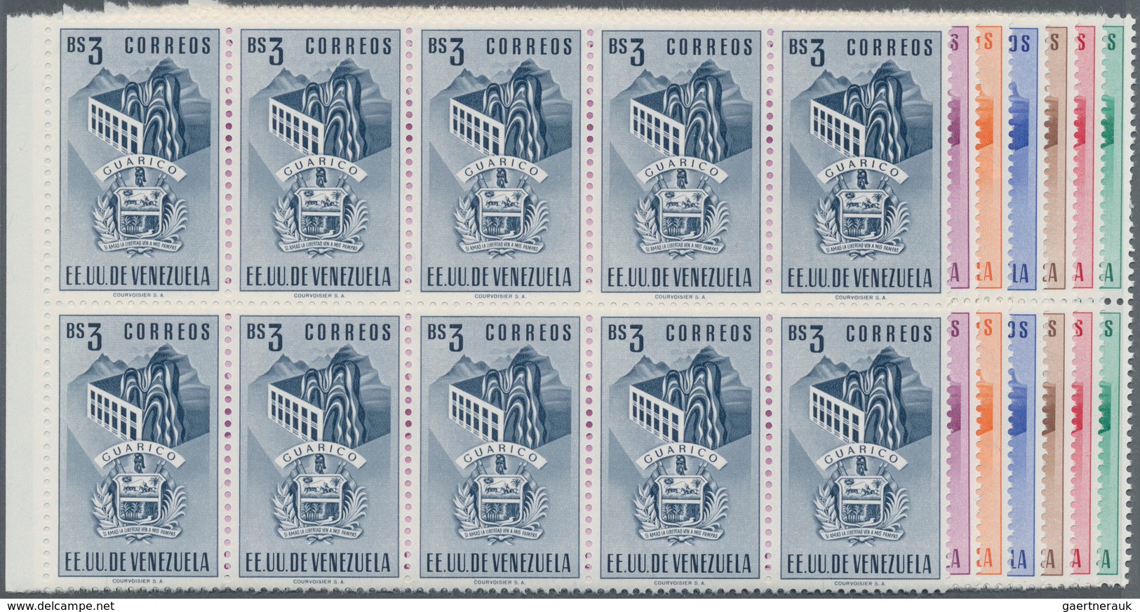 Venezuela: 1953, Coat Of Arms 'GUARICO‘ Normal Stamps Complete Set Of Seven In Blocks Of Ten From Le - Venezuela