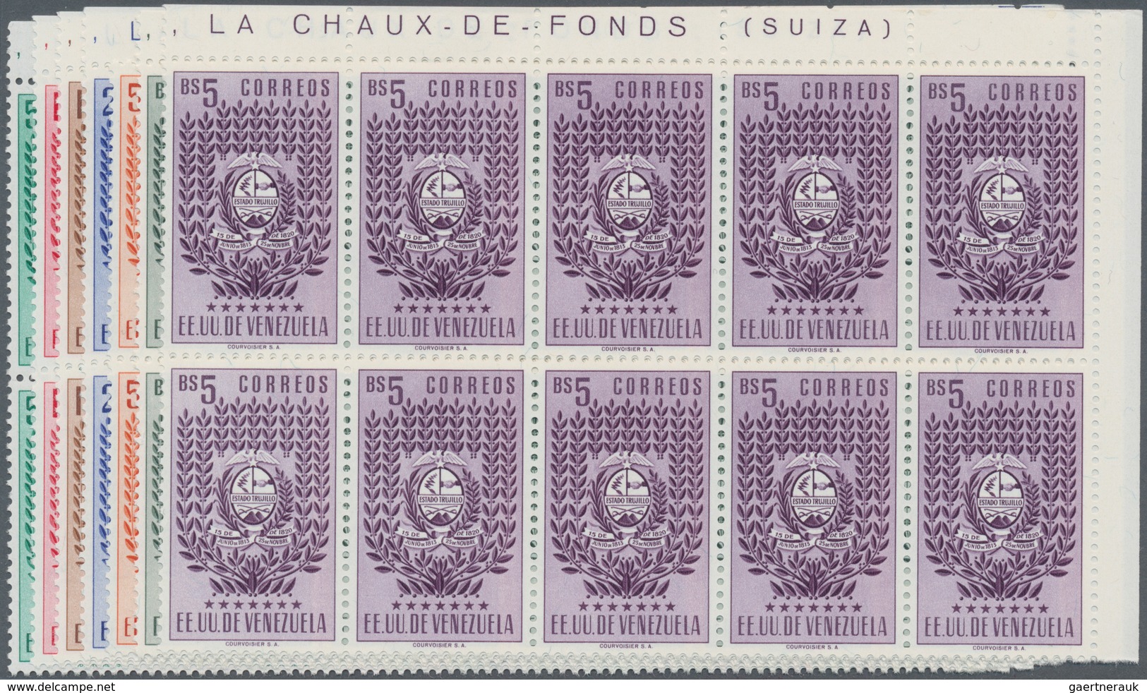 Venezuela: 1953, Coat Of Arms 'TRUJILLO‘ Normal Stamps Complete Set Of Seven In Blocks Of Ten From U - Venezuela