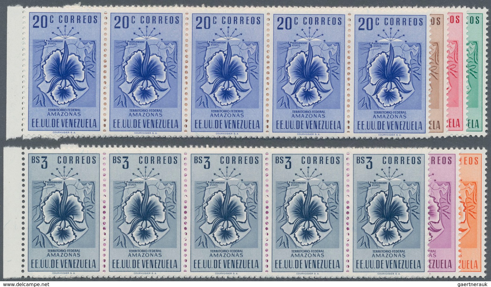 Venezuela: 1953, Coat Of Arms 'AMAZONAS‘ Normal Stamps Complete Set Of Seven In Horizontal Strips/5 - Venezuela