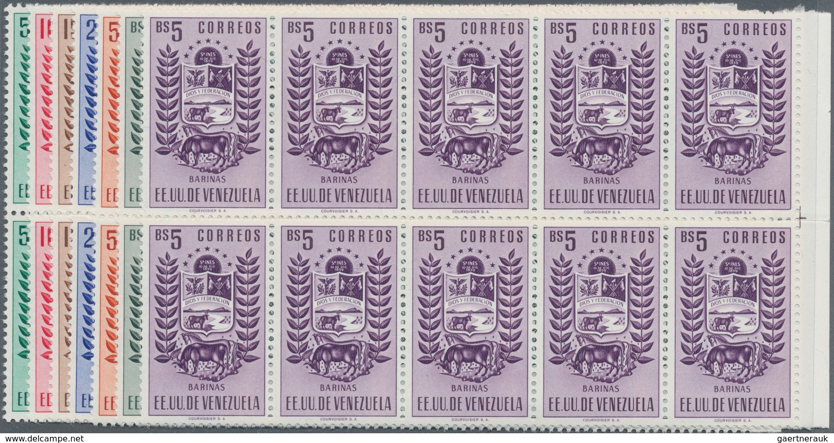 Venezuela: 1953, Coat Of Arms 'BARINAS‘ Normal Stamps Complete Set Of Seven In Blocks Of Ten From Ri - Venezuela