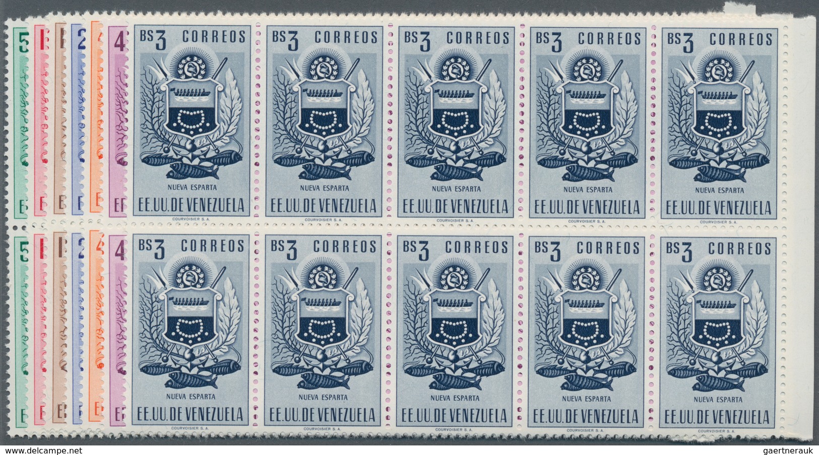 Venezuela: 1953, Coat Of Arms 'NUEVA ESPARTA‘ Normal Stamps Complete Set Of Seven In Blocks Of Ten F - Venezuela