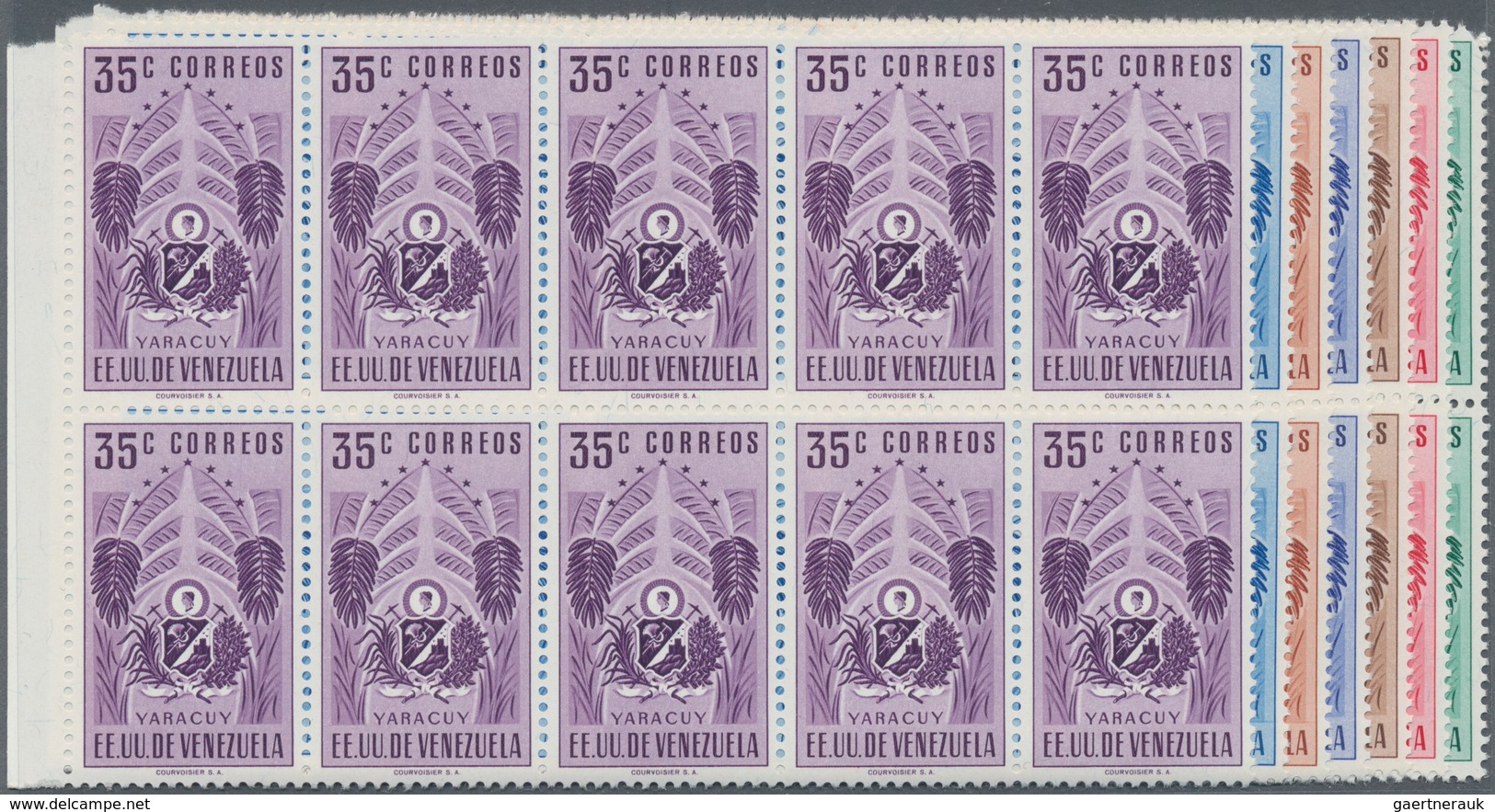 Venezuela: 1953, Coat Of Arms 'YARACUY‘ Normal Stamps Complete Set Of Seven In Blocks Of Ten From Le - Venezuela