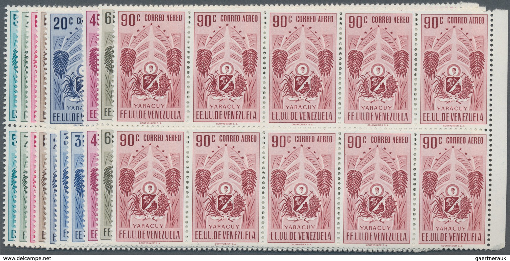 Venezuela: 1953, Coat Of Arms 'YARACUY‘ Airmail Stamps Complete Set Of Seven In Blocks Of Ten From R - Venezuela