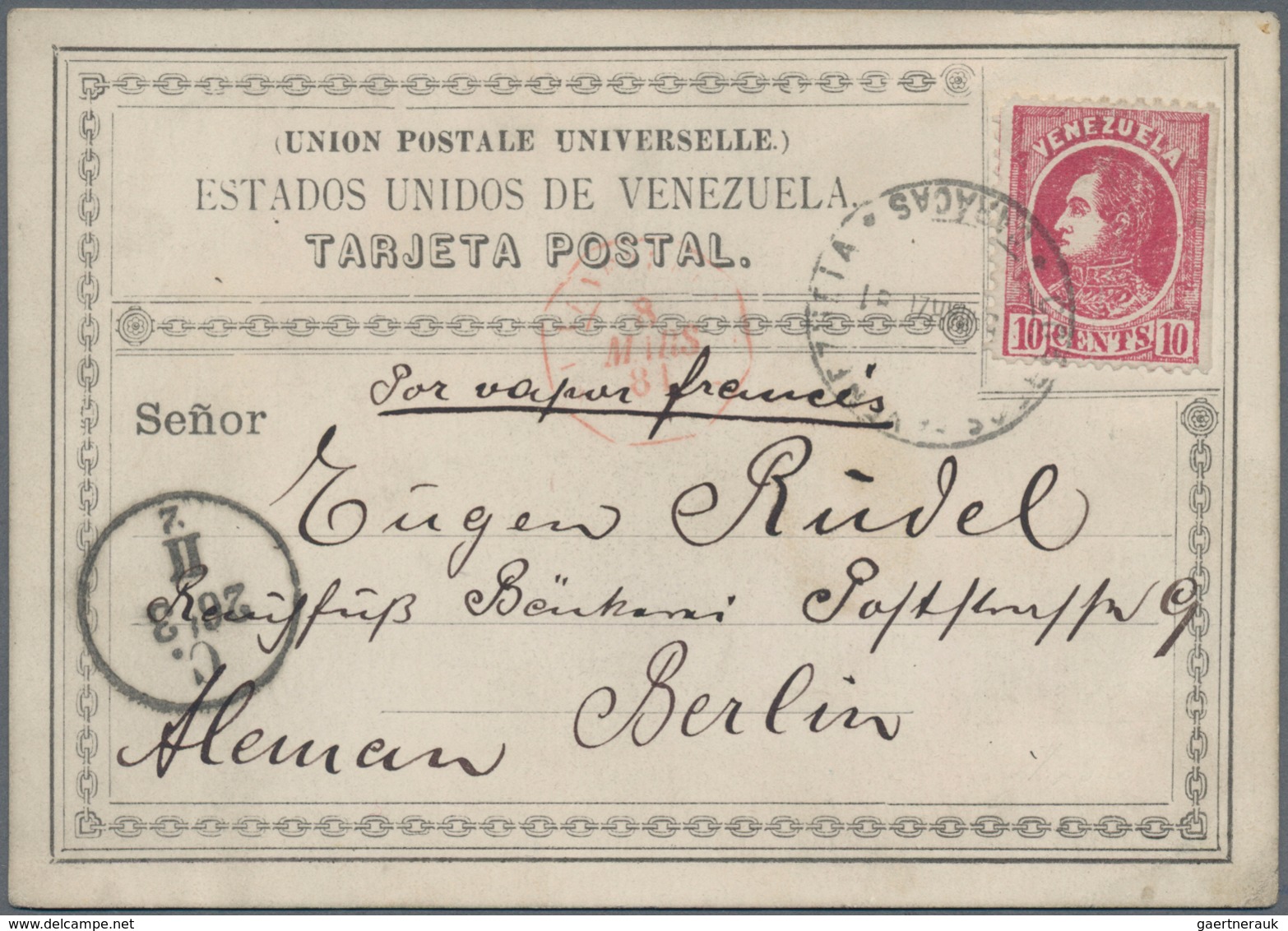 Venezuela - Schiffspost: 1880, Bolivar 10 C Carmine In Postcard, Sent From "CARACAS 4 MAR 81" An Rar - Venezuela