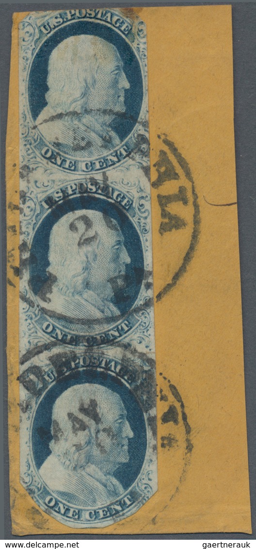 Vereinigte Staaten Von Amerika: 1c Type IV Imperforate (Scott 9), Vertical Strip Of Three, Clipped C - Andere & Zonder Classificatie