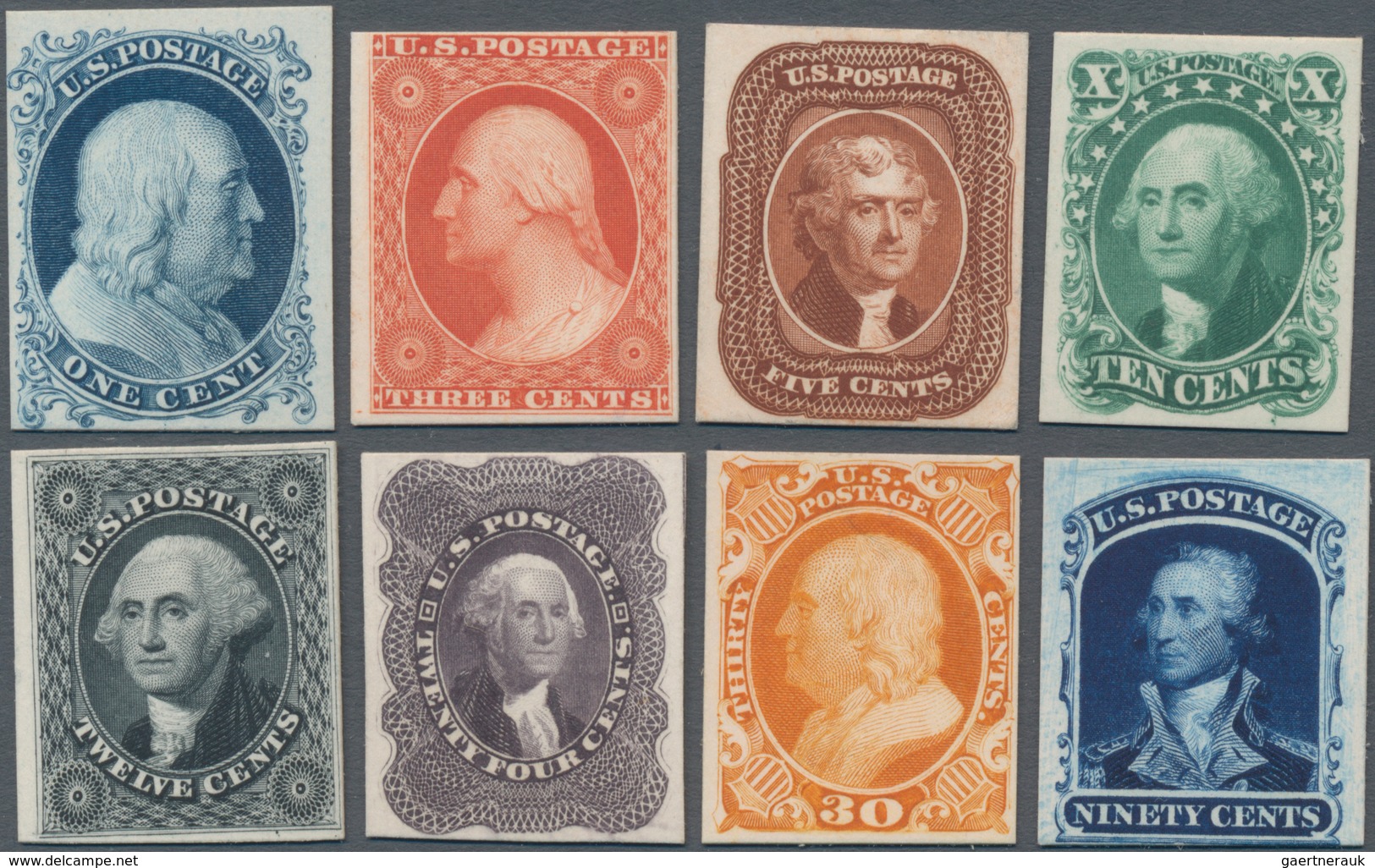 Vereinigte Staaten Von Amerika: Reprints Of 1857 Issues, Plate Proofs On Card (Scott 40P4-47P4), Ful - Other & Unclassified