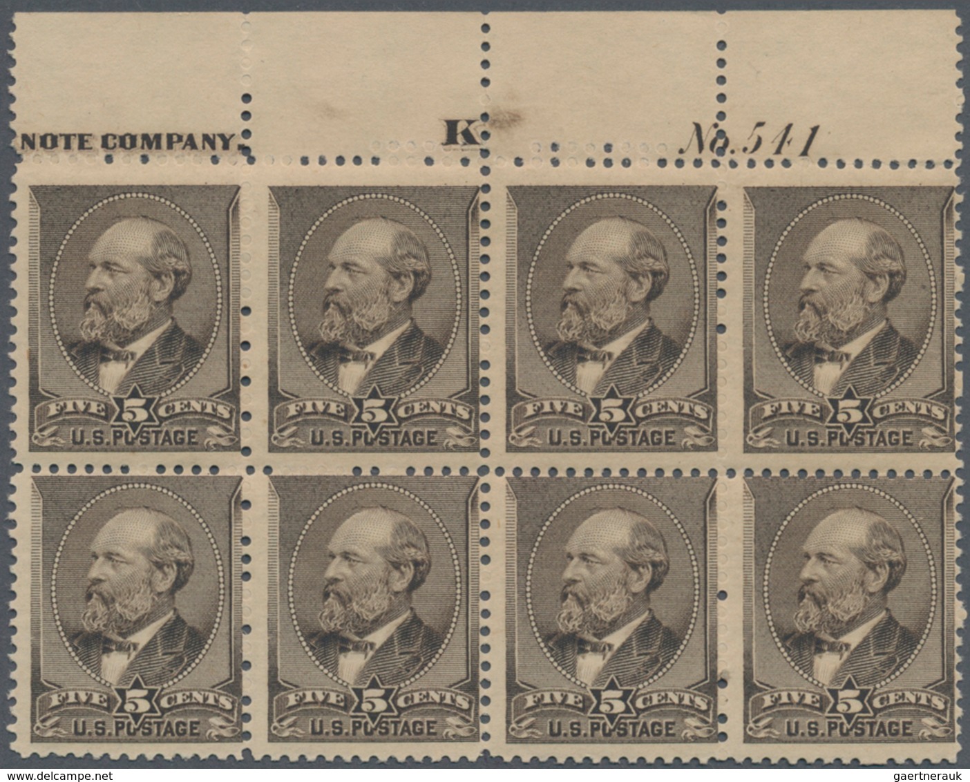 Vereinigte Staaten Von Amerika: 5c Garfield Yellow Brown 1882 Issue, Top Block Of Eight With Plate N - Other & Unclassified