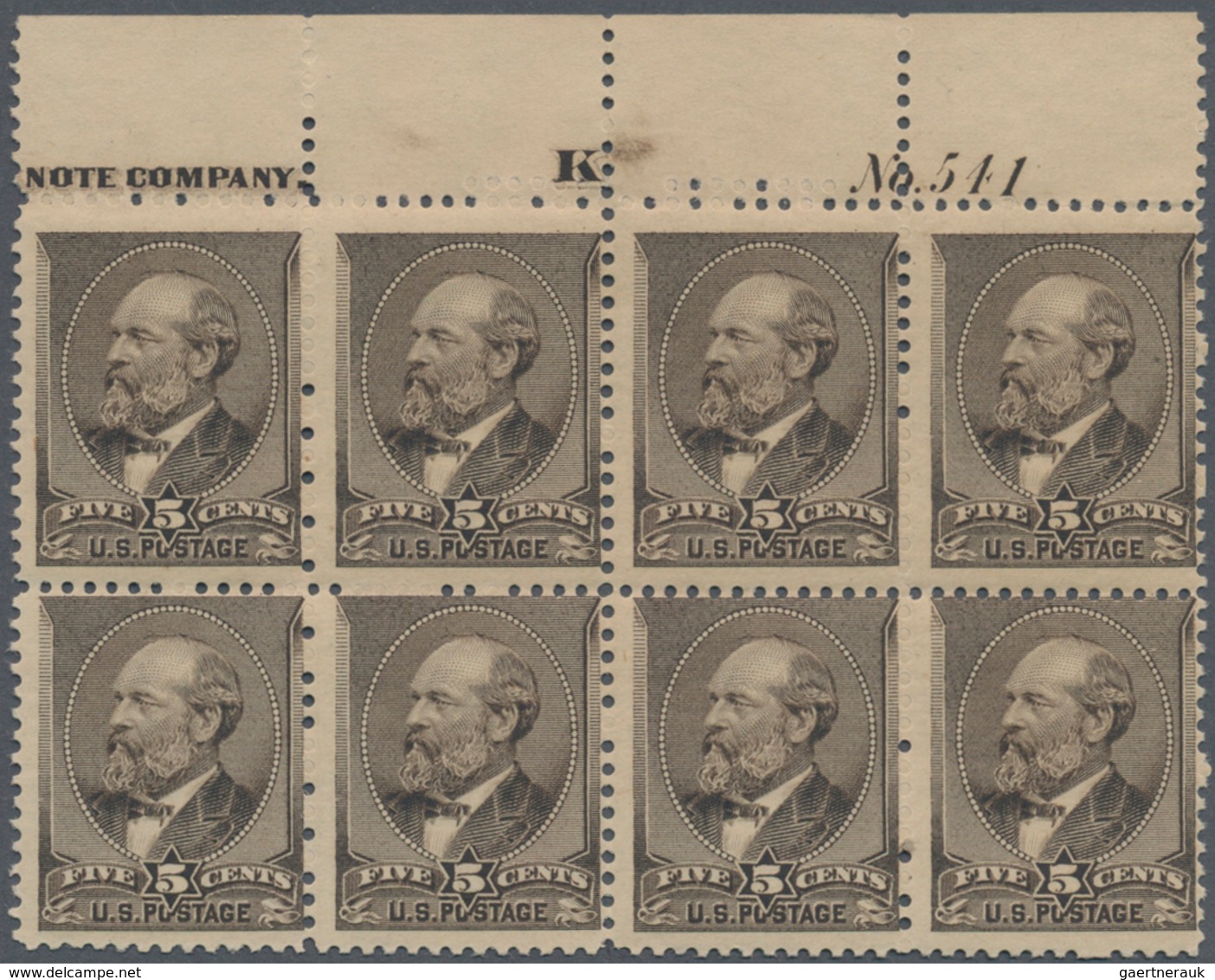 Vereinigte Staaten Von Amerika: 5c Garfield Yellow Brown 1882 Issue, Top Block Of Eight With Plate N - Andere & Zonder Classificatie