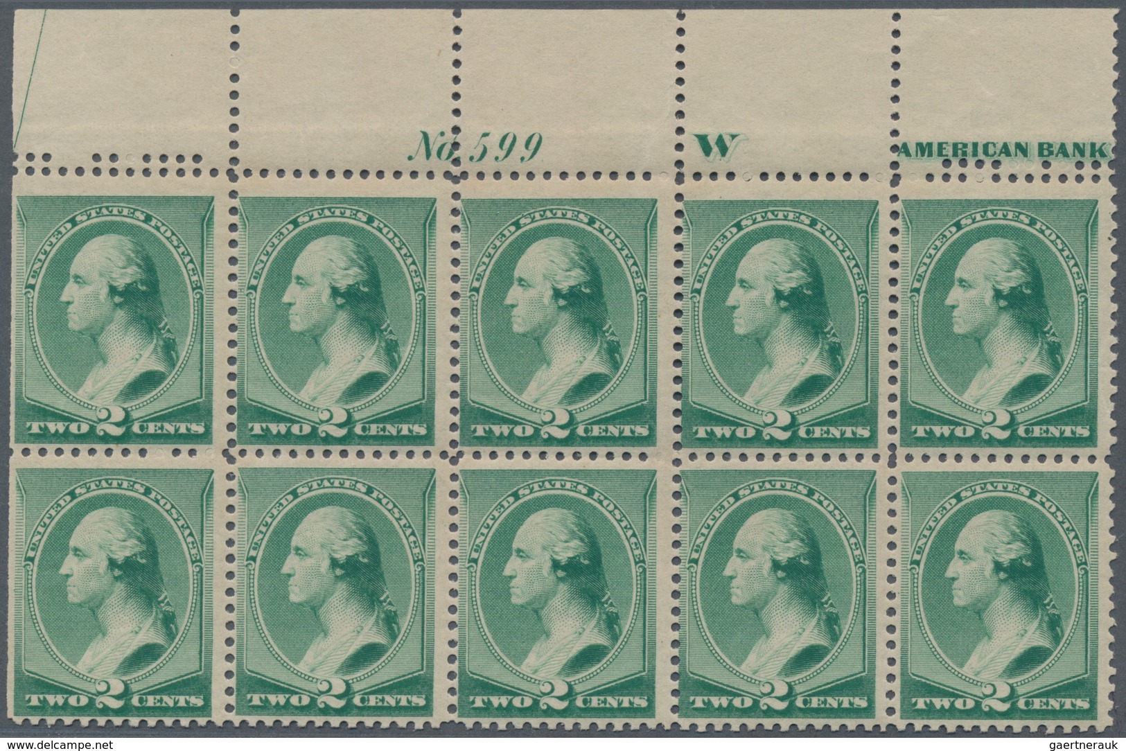 Vereinigte Staaten Von Amerika: 2c Green 1887 Issue (Scott 213), Top Block Of Ten With Plate No. 599 - Andere & Zonder Classificatie