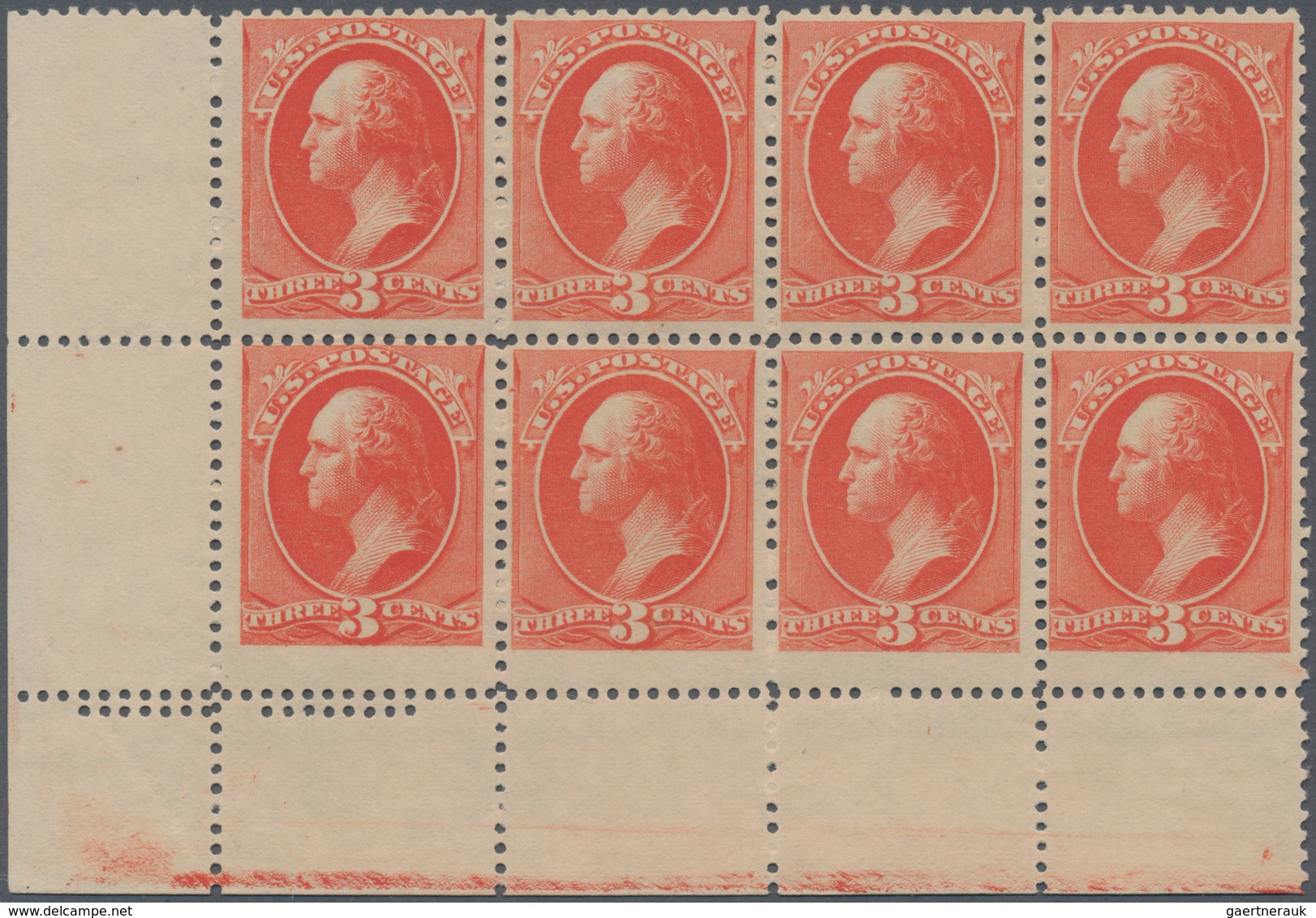 Vereinigte Staaten Von Amerika: 3c Vermilion 1887 (Scott 214), Never Hinged Bottom Left Corner Block - Other & Unclassified