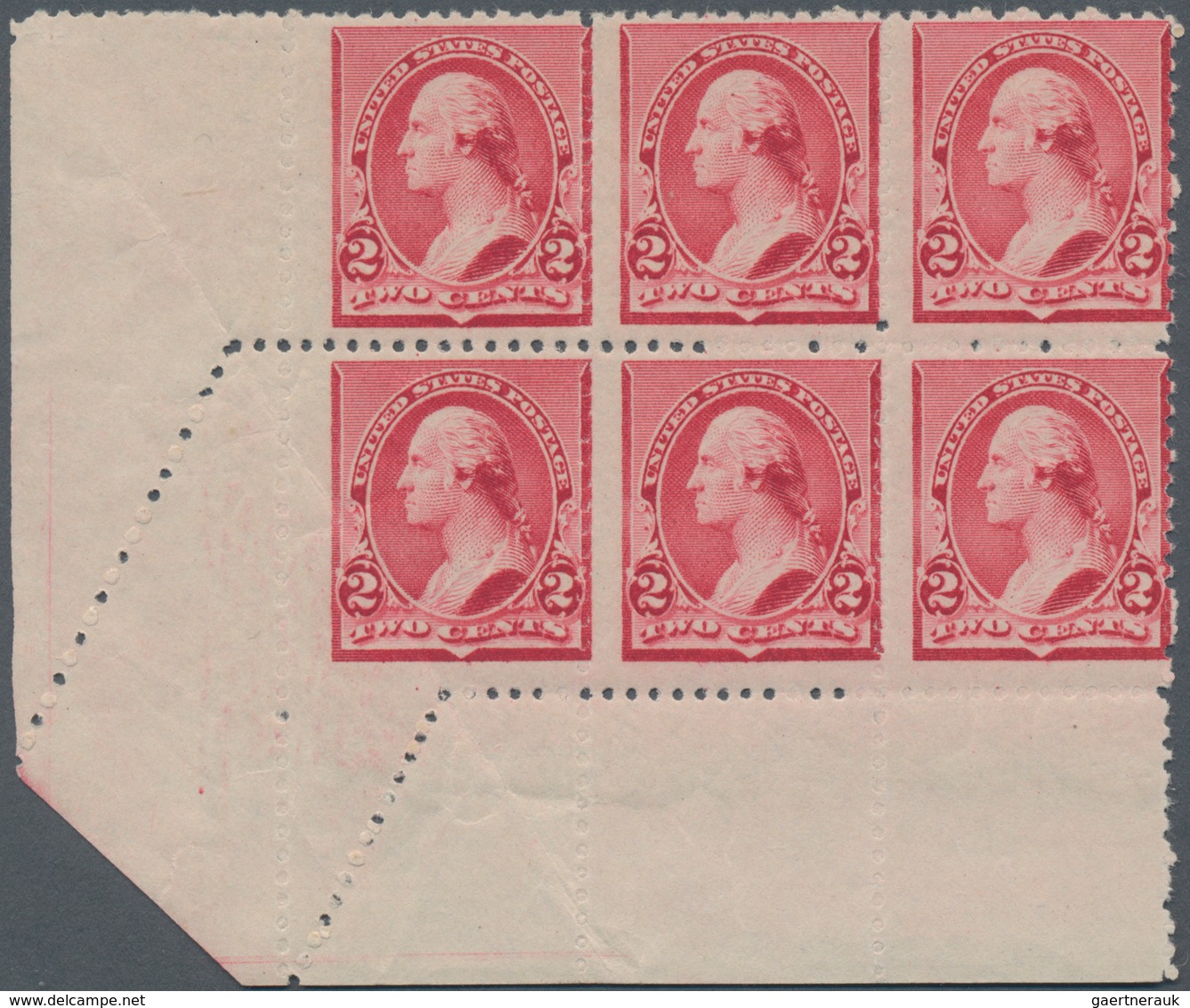 Vereinigte Staaten Von Amerika: 2c Carmine 1890 Issue (Scott 220), Bottom Left Corner Block Of Six W - Autres & Non Classés