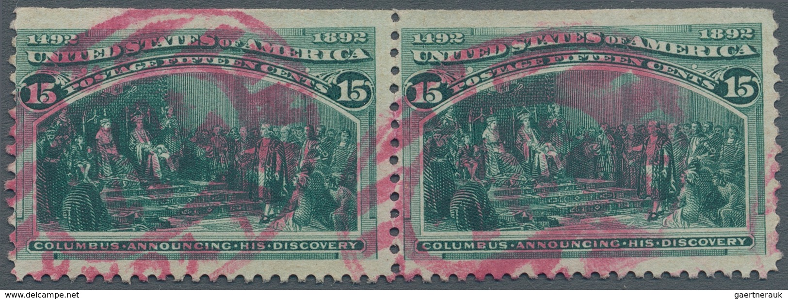 Vereinigte Staaten Von Amerika: 1893, 15 Cent Columbus, Horizontal Pair With Red NEW YORK Oval Cance - Andere & Zonder Classificatie
