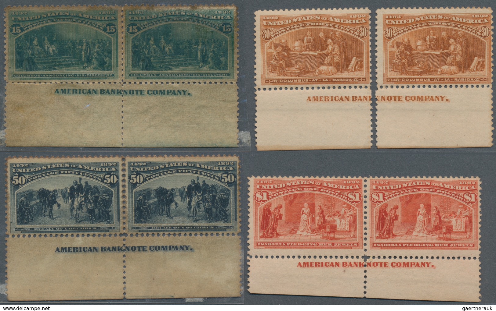 Vereinigte Staaten von Amerika: 1c-$5.00 Columbus Issue (Scott Nos. 230-245), Complete set of imprin