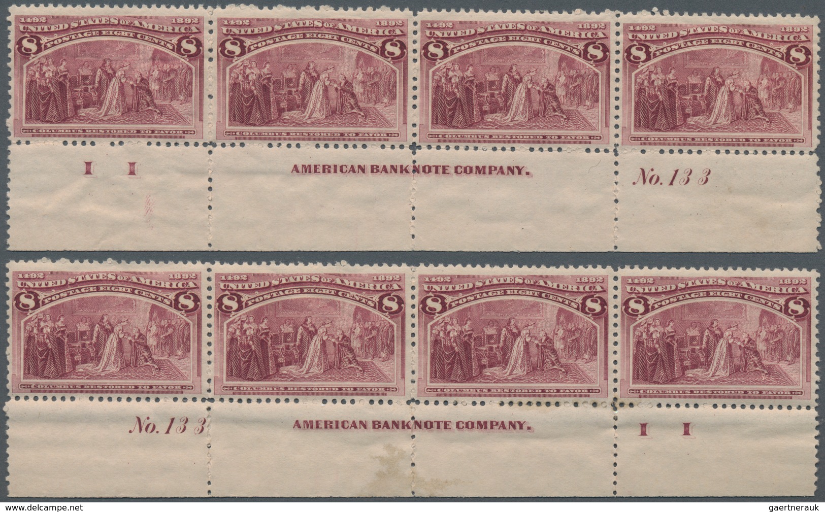 Vereinigte Staaten von Amerika: Columbian Issue plate no. and imprint strips of four, 2c (7), 3c, 4c