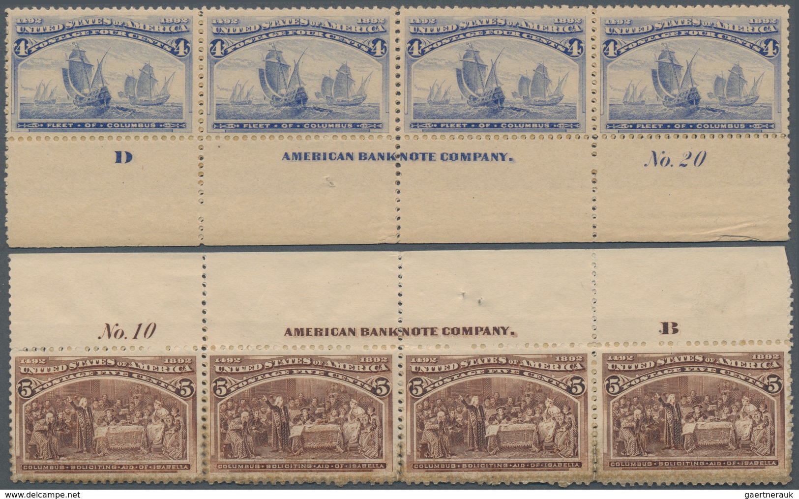 Vereinigte Staaten von Amerika: Columbian Issue plate no. and imprint strips of four, 2c (7), 3c, 4c