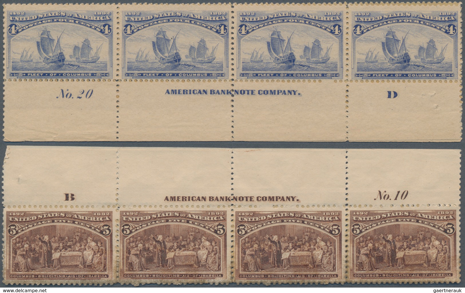 Vereinigte Staaten von Amerika: Columbian Issue plate no. and imprint strips of four, 2c (7), 3c, 4c