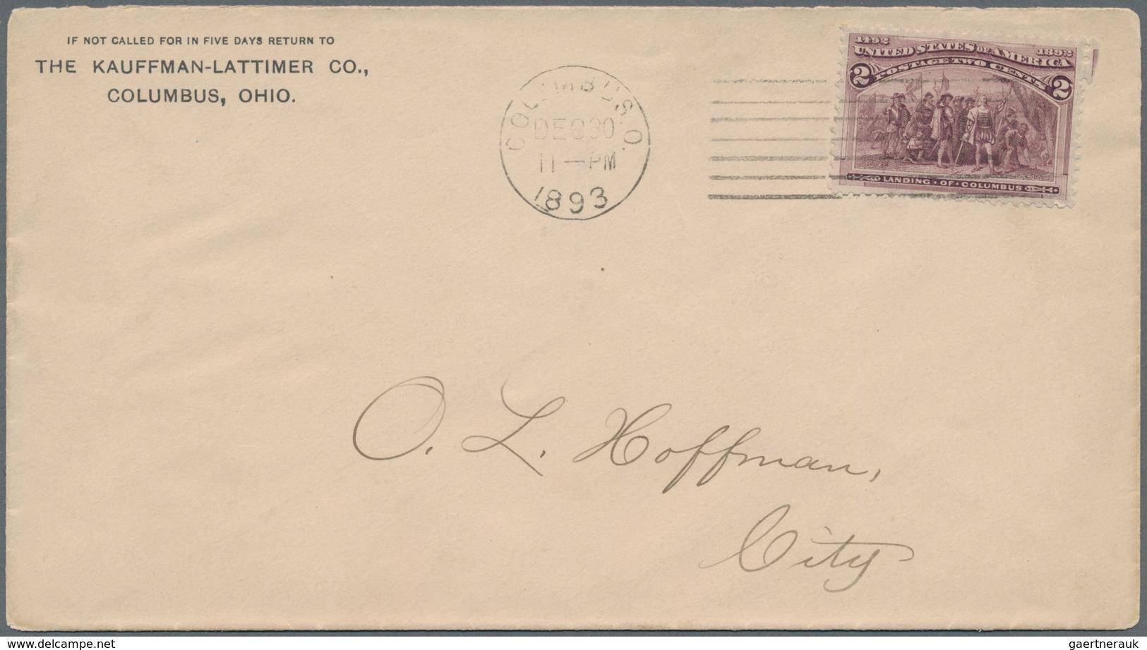 Vereinigte Staaten Von Amerika: 1892, COLUMBIAN 2c On Cover Cancelled "COLUMBUS DEC/30 1893", Wonder - Andere & Zonder Classificatie
