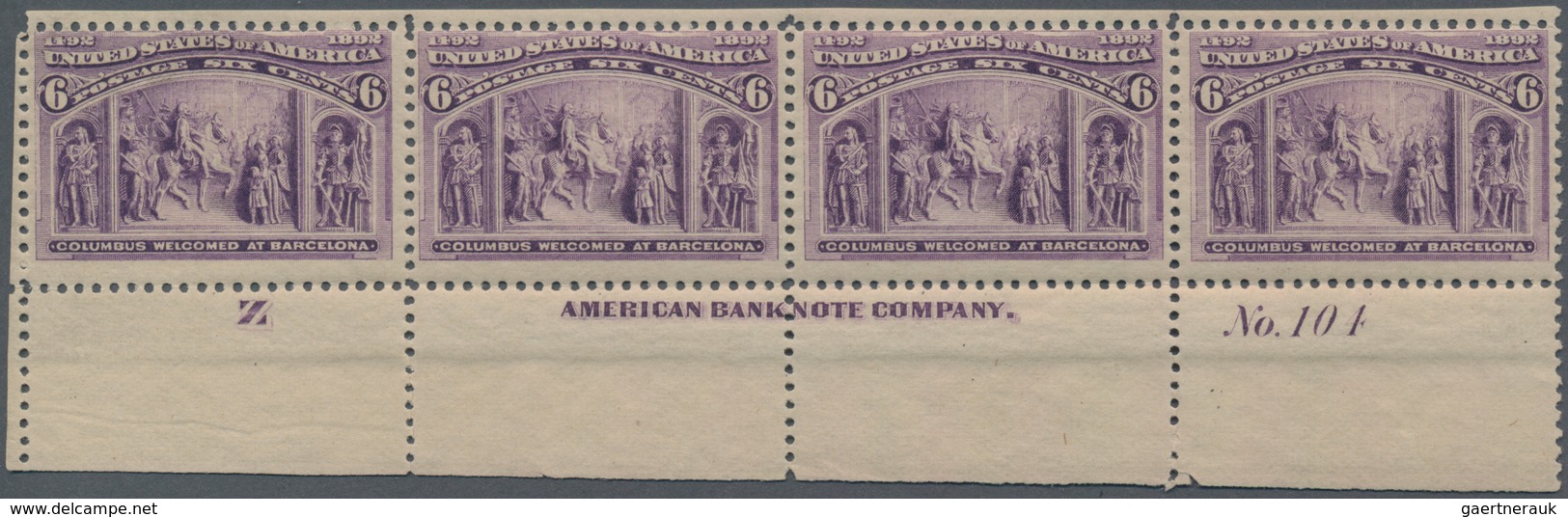 Vereinigte Staaten Von Amerika: 6c Columbus Issue (Scott No. 235), Bottom Double Plate No. 104, Impr - Other & Unclassified