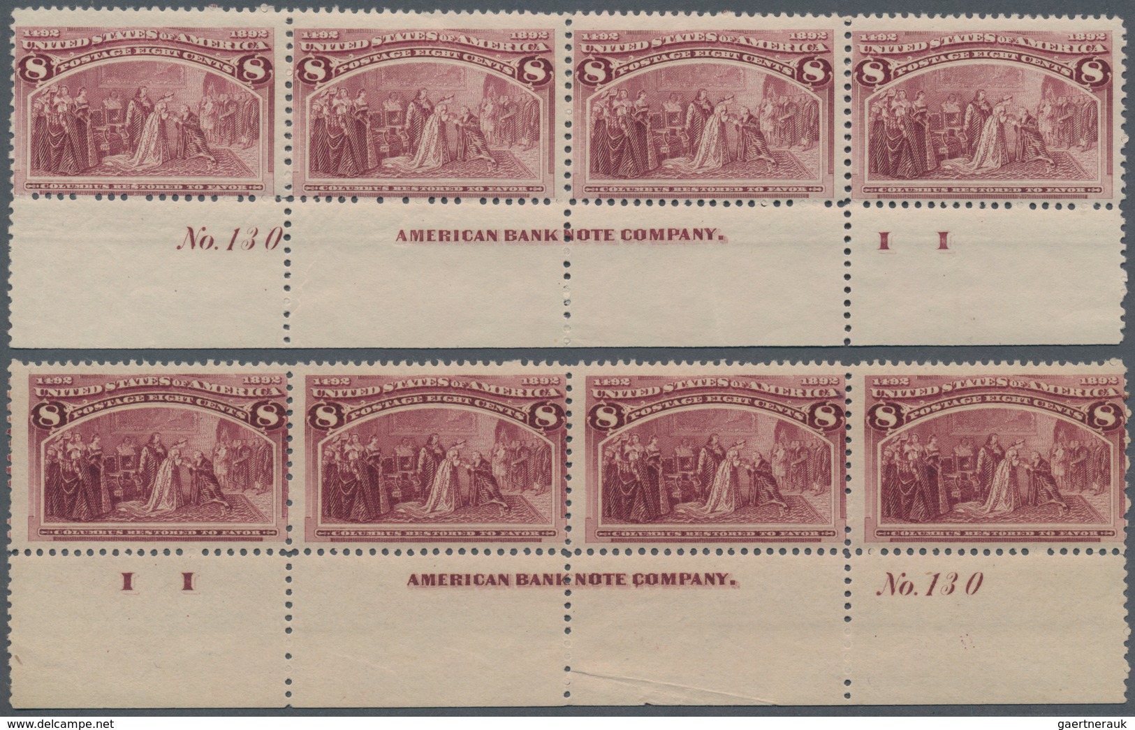 Vereinigte Staaten Von Amerika: 8c Columbus Issue (Scott No. 236), Bottom Left And Bottom Right Plat - Other & Unclassified
