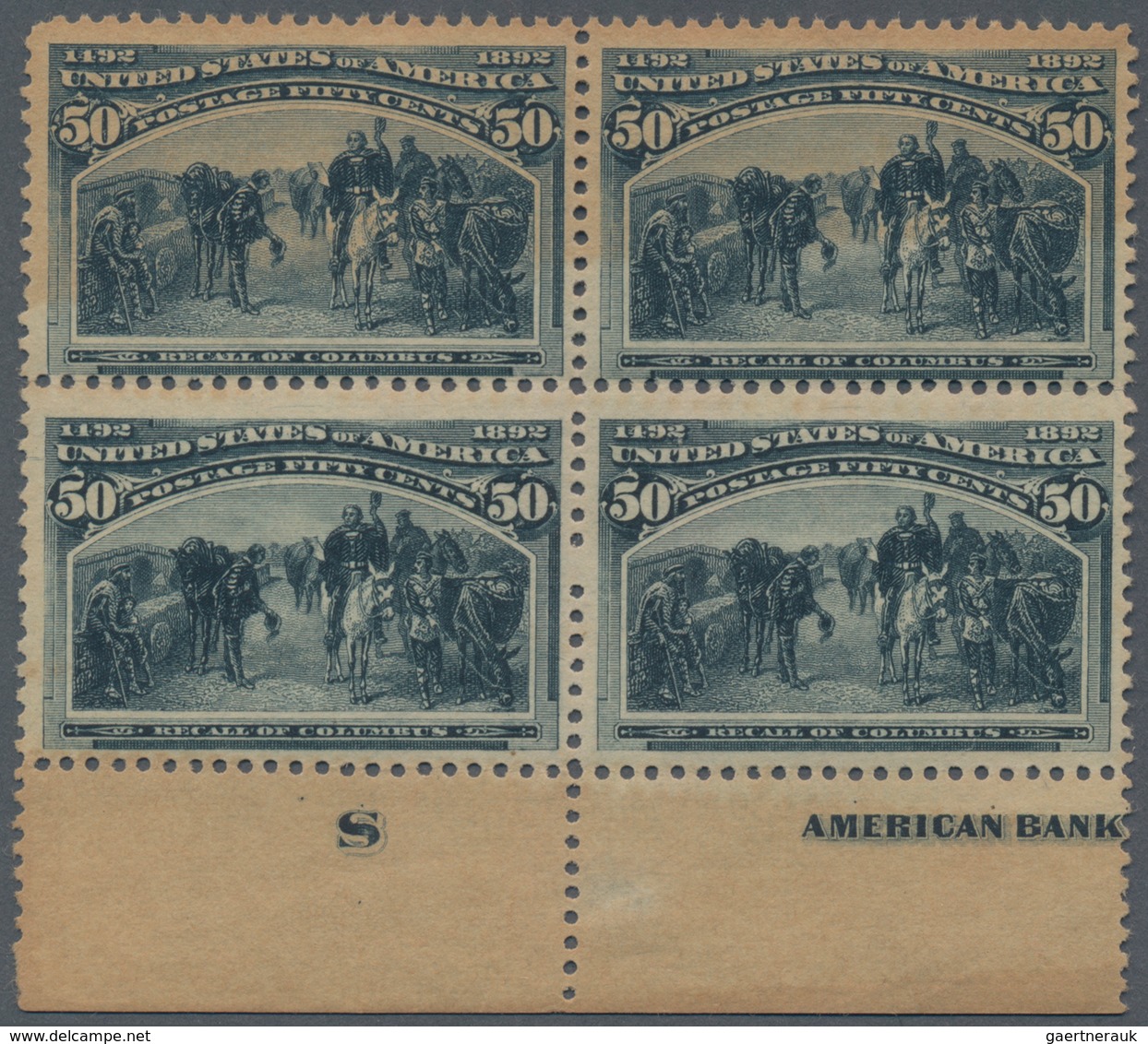 Vereinigte Staaten Von Amerika: 50c Columbus Issue (Scott No. 240), Block Of Four With Partial Impri - Other & Unclassified