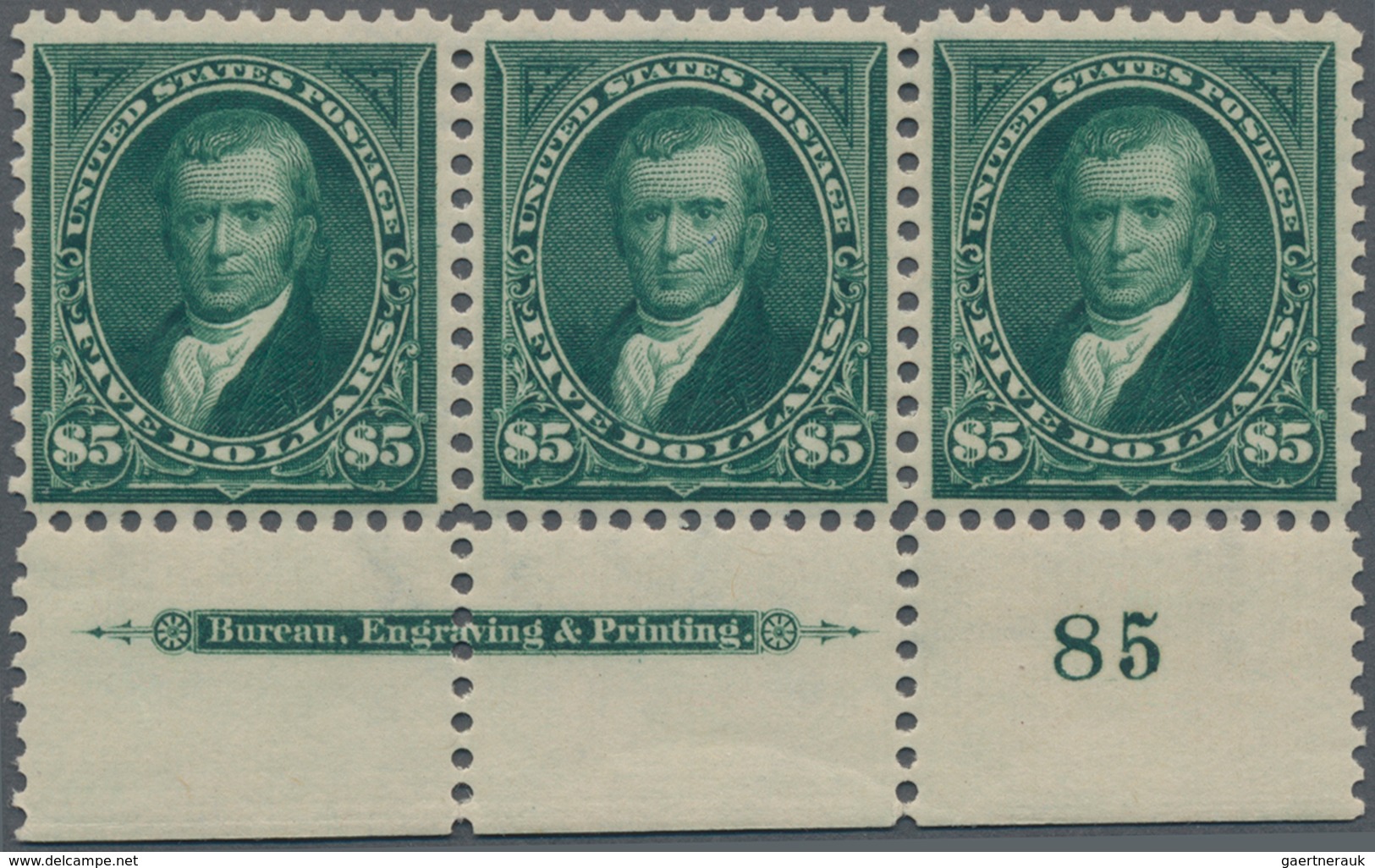 Vereinigte Staaten Von Amerika: $5.00 1895 Watermarked (Scott 278), Never Hinged Bottom Plate No. 85 - Other & Unclassified