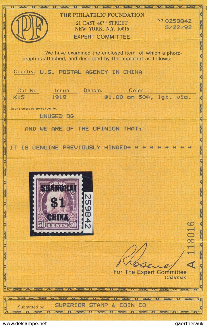 Vereinigte Staaten Von Amerika - Post In China: 1919, 50c Light Violet Optd. 'SHANGHAI / $ 1 / CHINA - Offices In China