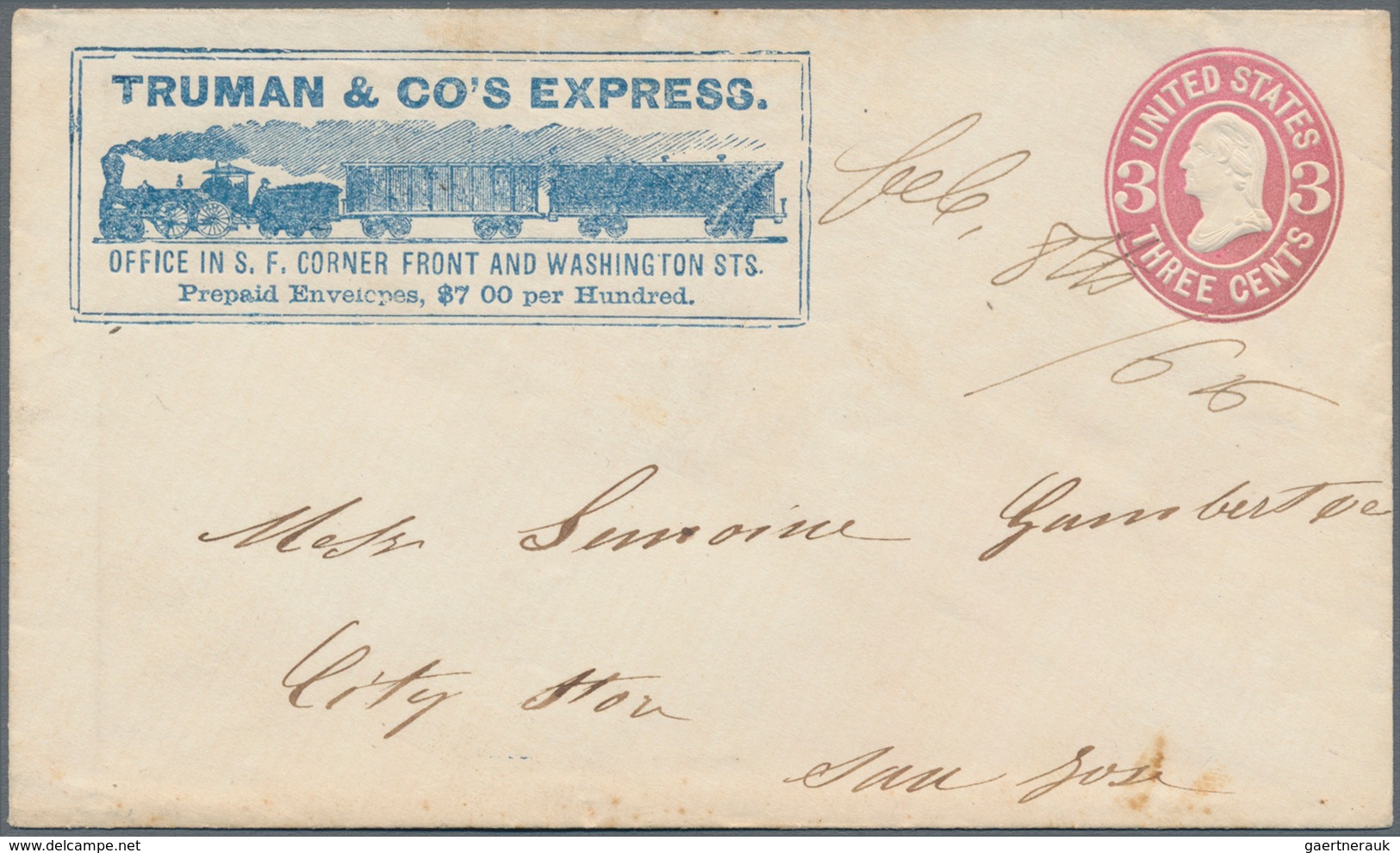 Vereinigte Staaten Von Amerika - Ganzsachen: 1866, TRUMAN & CO'S EXPRESS, 3 C. Stationery Envelope W - Otros & Sin Clasificación