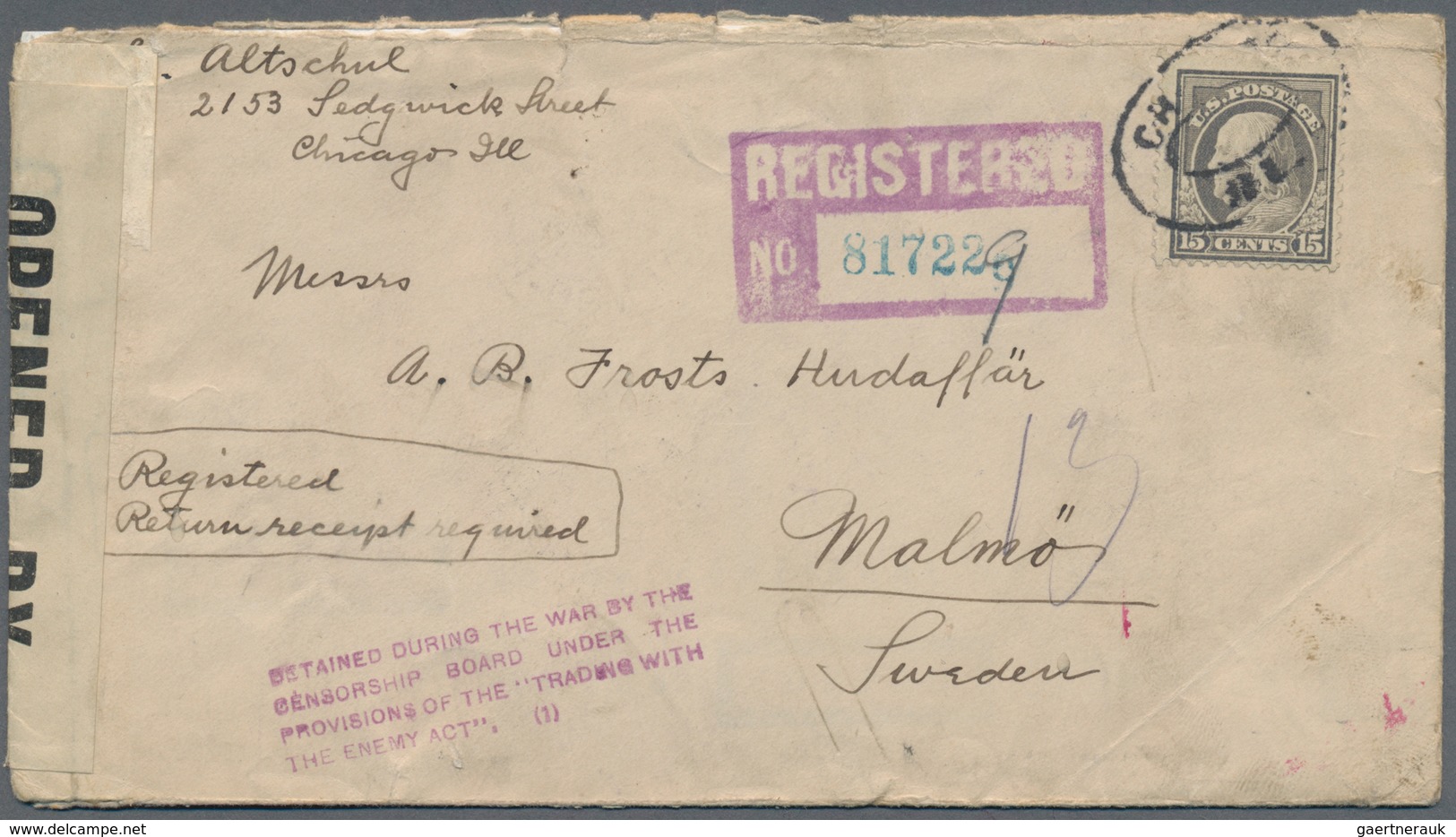 Vereinigte Staaten Von Amerika - Besonderheiten: 1918, Registered Letter From CHICAGO 1/16/1918addre - Andere & Zonder Classificatie