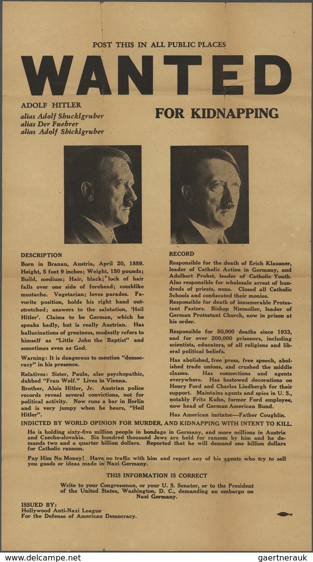 Vereinigte Staaten Von Amerika - Besonderheiten: Ca. 1943 Propaganda Flyer "WANTED ADOLF HITLER" Wit - Other & Unclassified